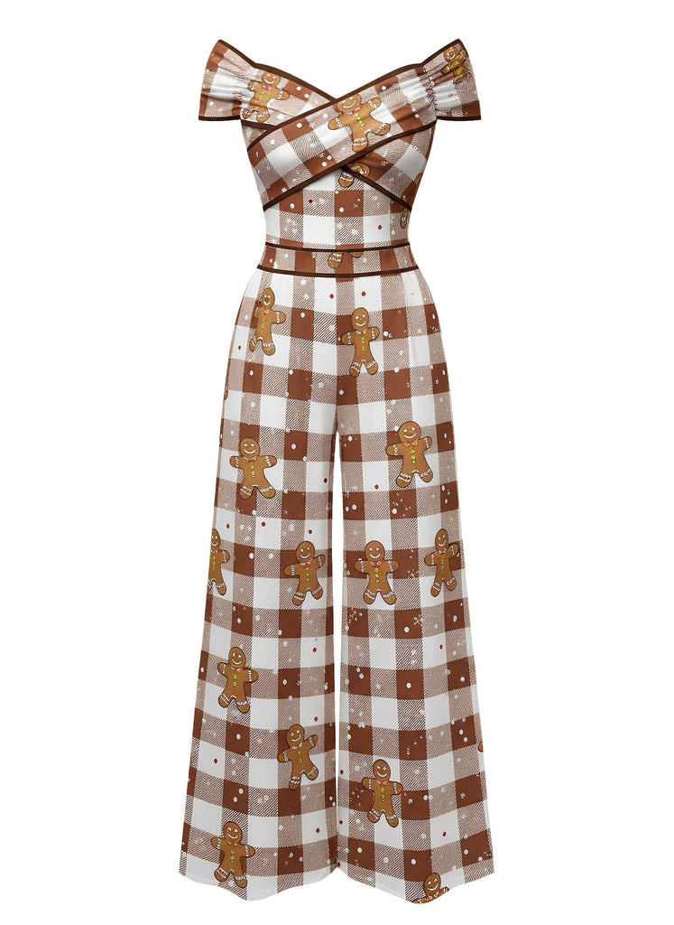 [Vorverkauf] Braun 1960er Schulterfrei Lebkuchen Jumpsuit