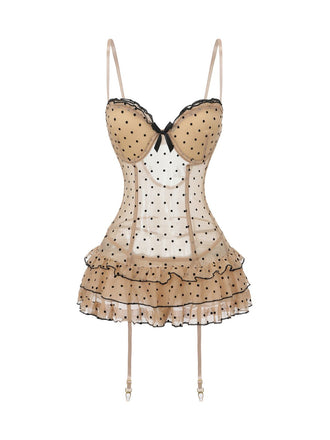 Khaki 1980er Punkte Gestuft Babydoll Nachthemd