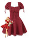 Rot 1960er Solide Puffärmel Schnürung Kleid