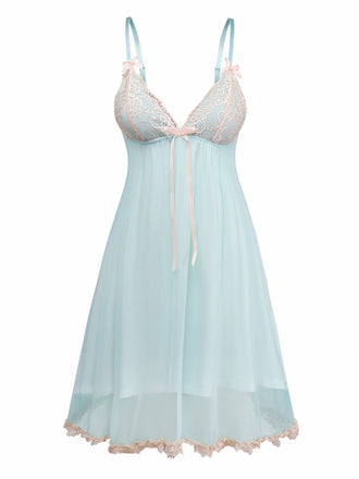 Grün 1960er Netz Spitze Patchwork Bogen Träger Nachthemd