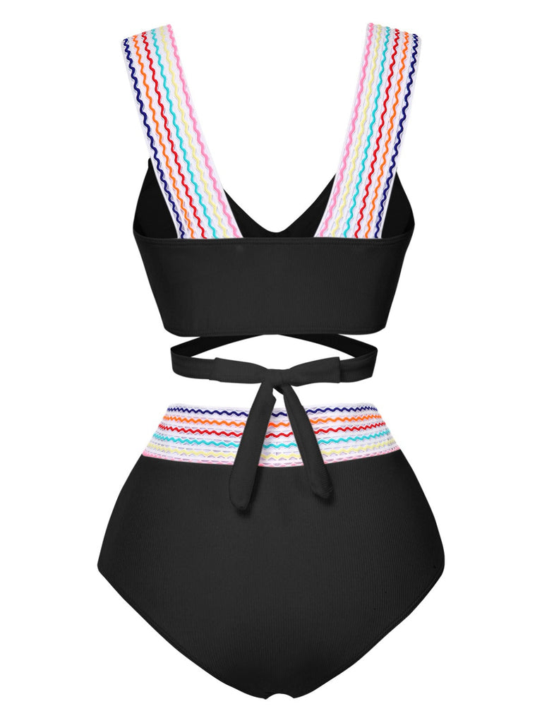 1940er Regenbogen Schnürung Patchwork Gurt Bikini Set