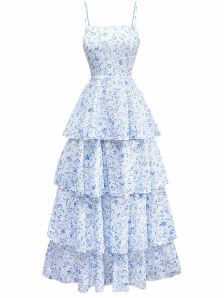 Blau 1970er Spaghetti Träger Blumen Stufenkleid