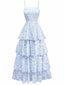 Blau 1970er Spaghetti Träger Blumen Stufenkleid