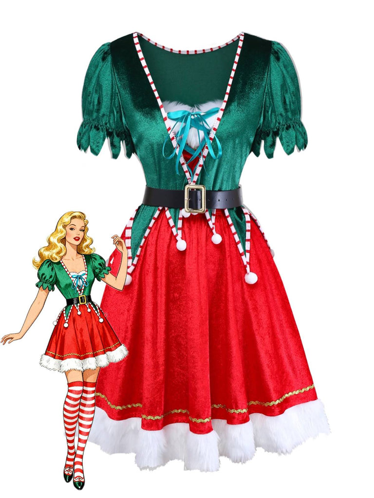 1960er Weihnachten Grün V-Ausschnitt Top & Rot Pelzbesatz Rock