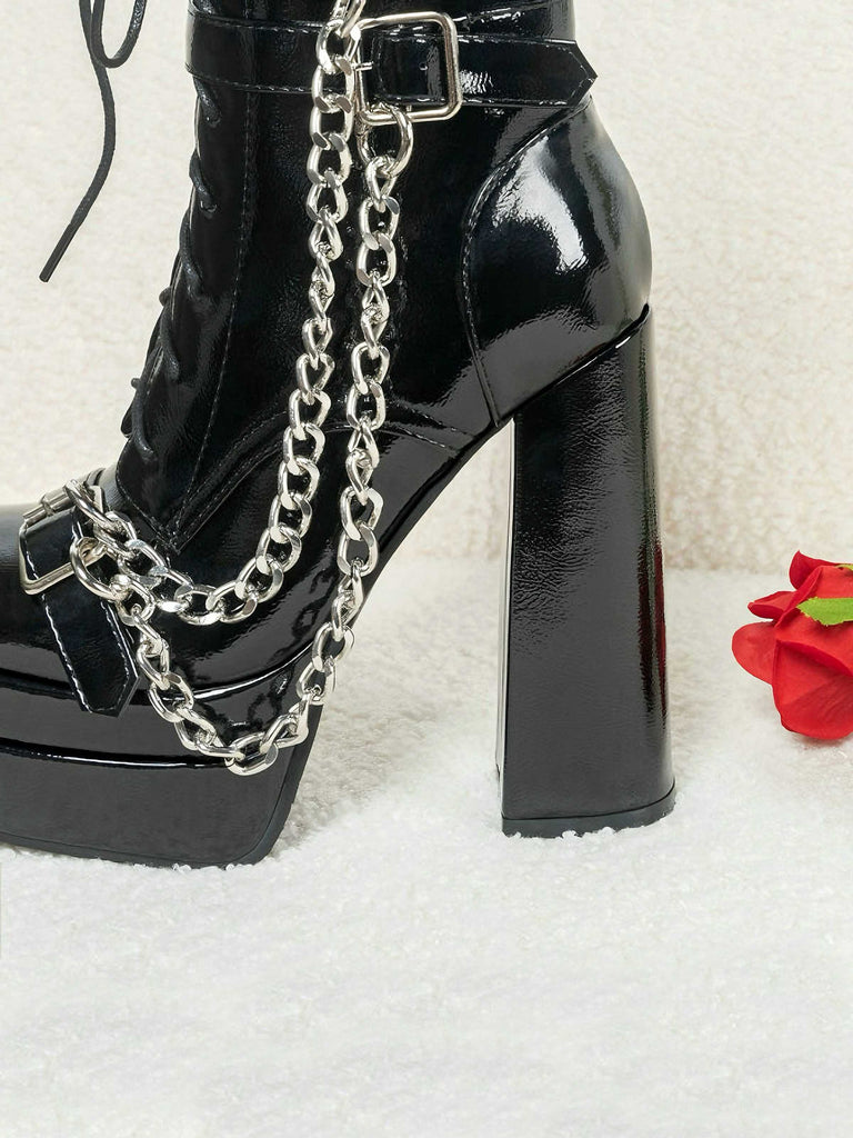 Schwarz Patent Chains Gothic High Heels Stiefel