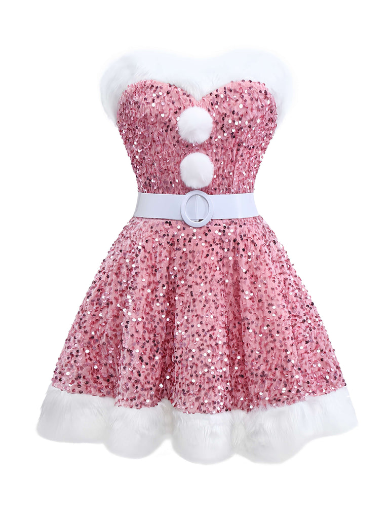 Rosa 1960er Weihnachten Fell Pailletten Trägerlos Kleid