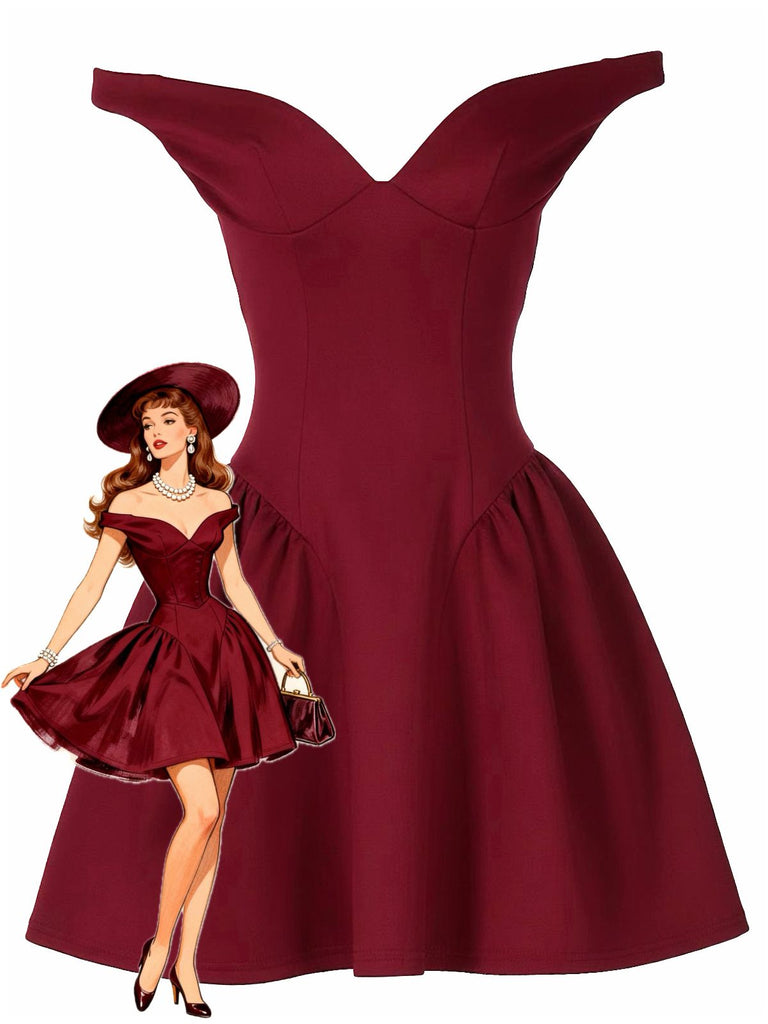 1970er Solide Schulterfrei Tief V-Ausschnitt Skater Kleid