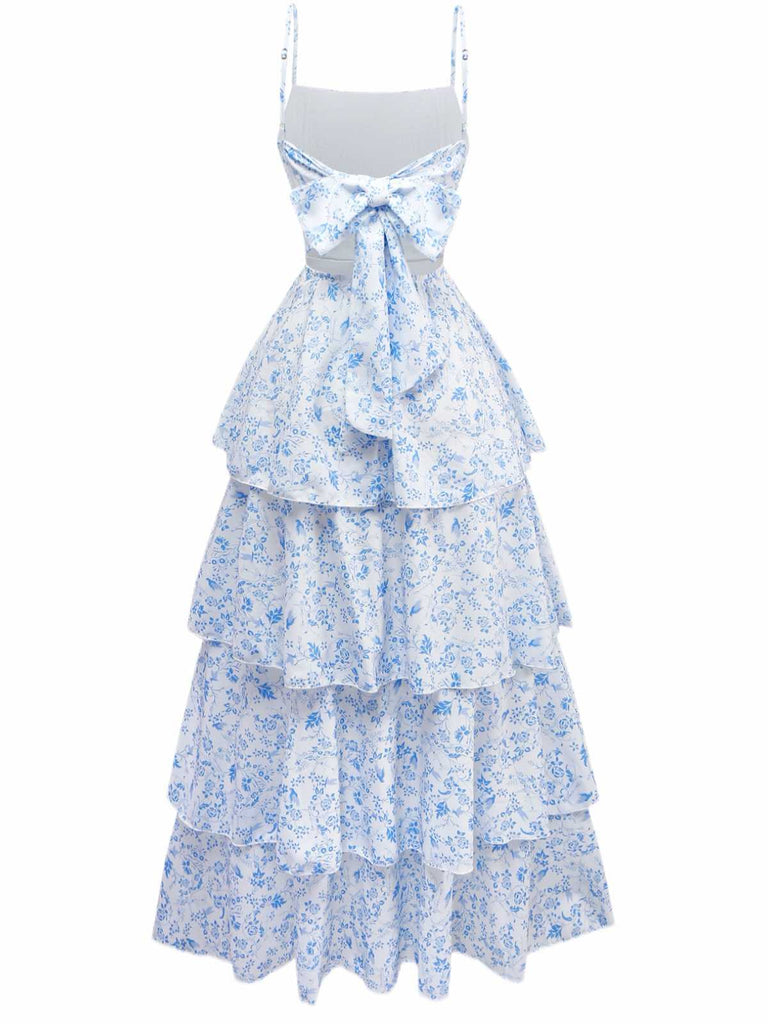 Blau 1970er Spaghetti Träger Blumen Stufenkleid