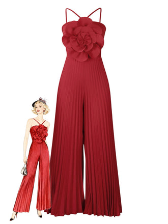 1970er Solide Spaghetti Träger 3D Rose Jumpsuit