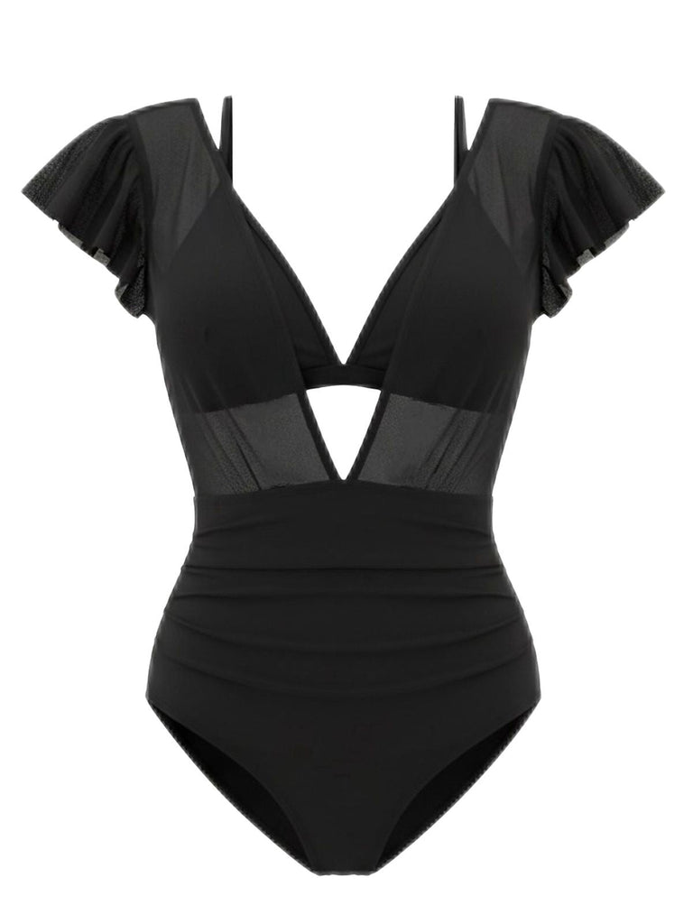 1960er Solide Netz Tiefer Ausschnitt Bikini Set & Cover-Up