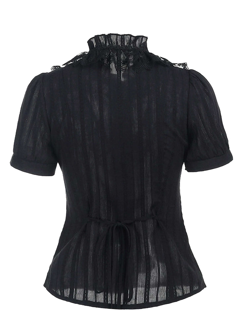 Schwarz 1980er Gothic Baumwolle Rüschen Bluse