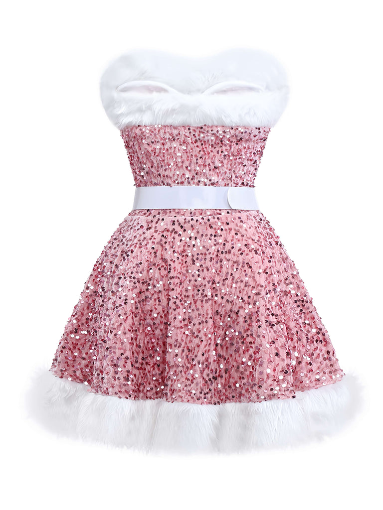Rosa 1960er Weihnachten Fell Pailletten Trägerlos Kleid