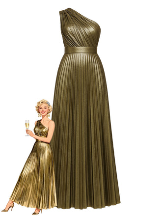 Gold 1980er Metallic Eine Schulter Plissiertes Party Kleid