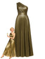 Gold 1980er Metallic Eine Schulter Plissiertes Party Kleid