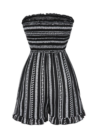 Schwarz 1970er Boho Streifen Bandeau Gesmokt Romper