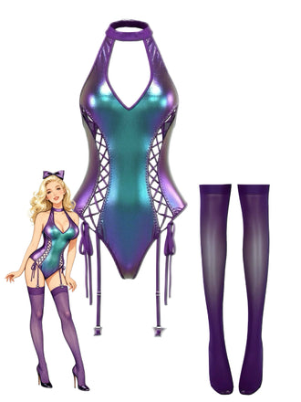 1980er Lack Leder Halter Schnürung Body Dessous Set