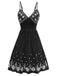 Schwarz 1970er Boho Besticktes Blumen Zurück-Bogen Kleid