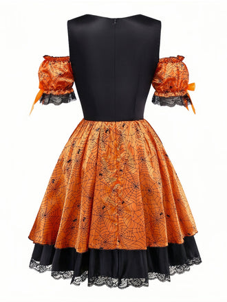 Orange 1960er Halloween Kürbis Spinnennetz Puffärmel Kleid