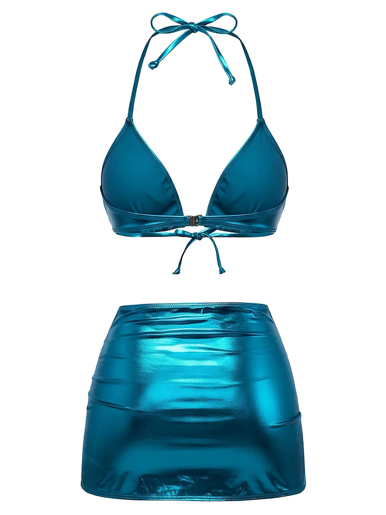 1970er Solide Halter Metallisch Bikini Set