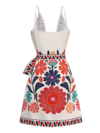 1960er Spaghetti Träger V-Ausschnitt Blumen Kleid