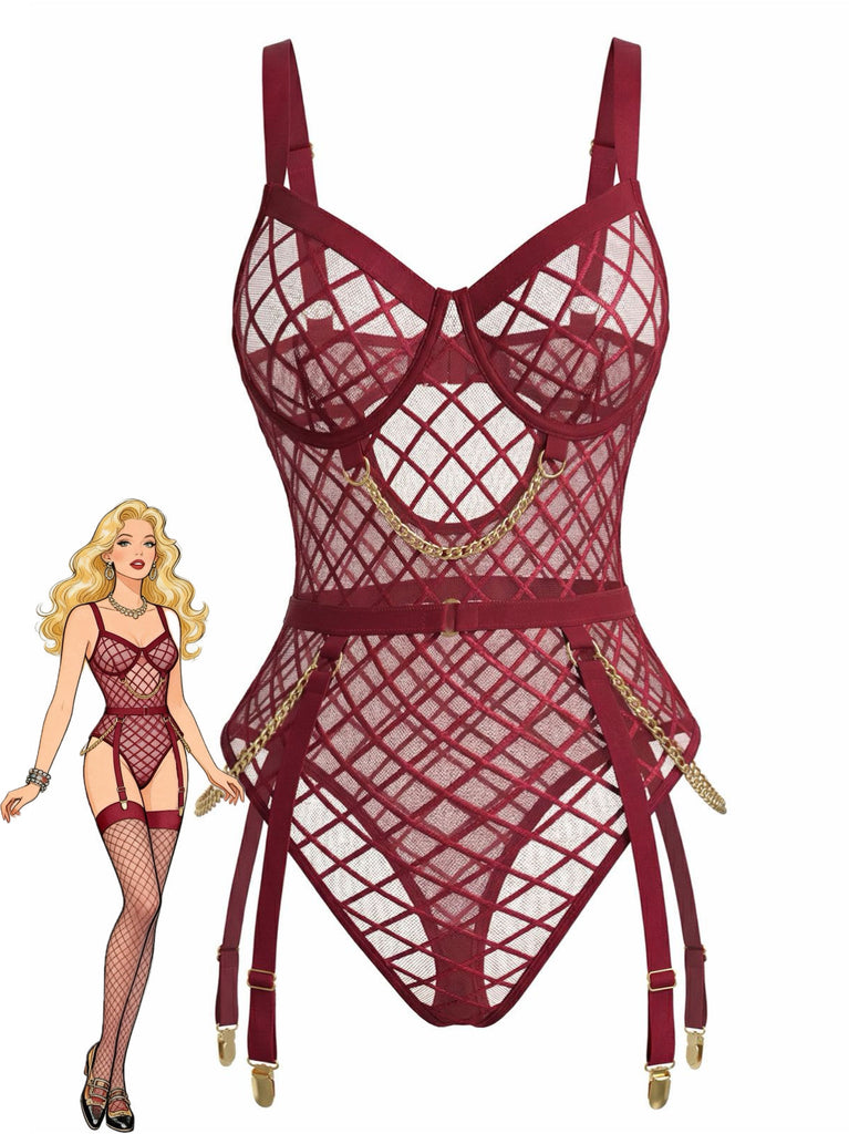 1970er Riemchen Ketten Akzente Durchsichtig Netz Lingerie