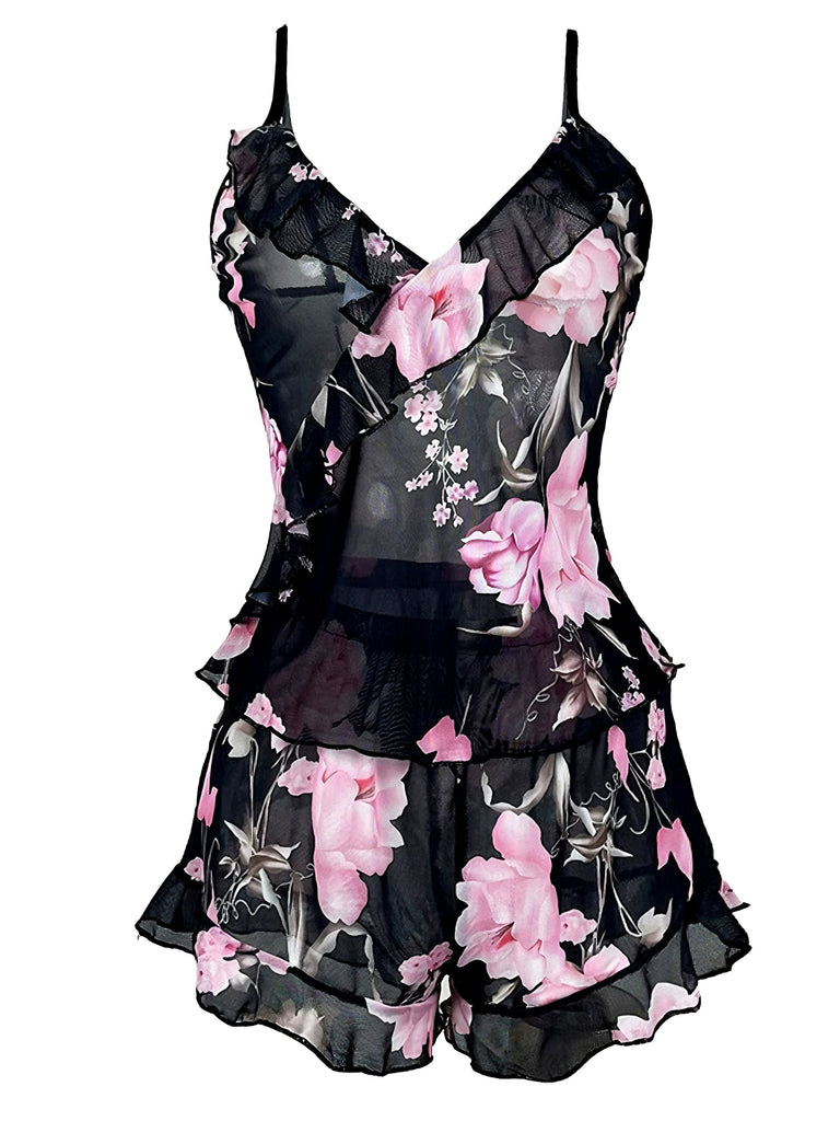 Schwarz 1930er Blumen Rüschen V-Ausschnitt Pyjama