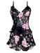 Schwarz 1930er Blumen Rüschen V-Ausschnitt Pyjama