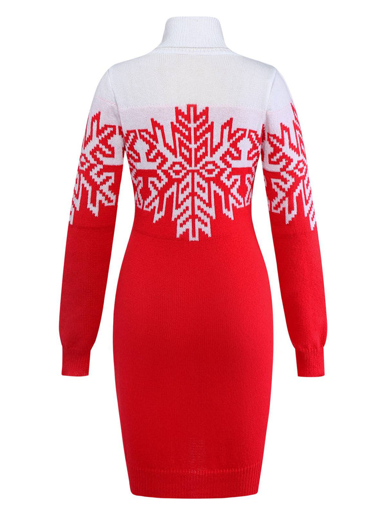 Rot & Weiß 1960er Schneeflocke Rollkragen Pullover Kleid