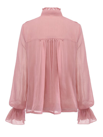 Rosa 1980er Chiffon Rüschen Hochhals Bluse