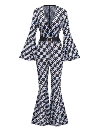 Schwarz & Weiß 1980er Hahnentritt Glockenärmel Jumpsuit