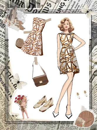 Gelbes 1960er Stehkragen bedrucktes plissiertes Kleid