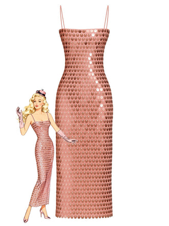 1930er Solide Pailletten Rücken Schlitz Spaghetti Träger Kleid