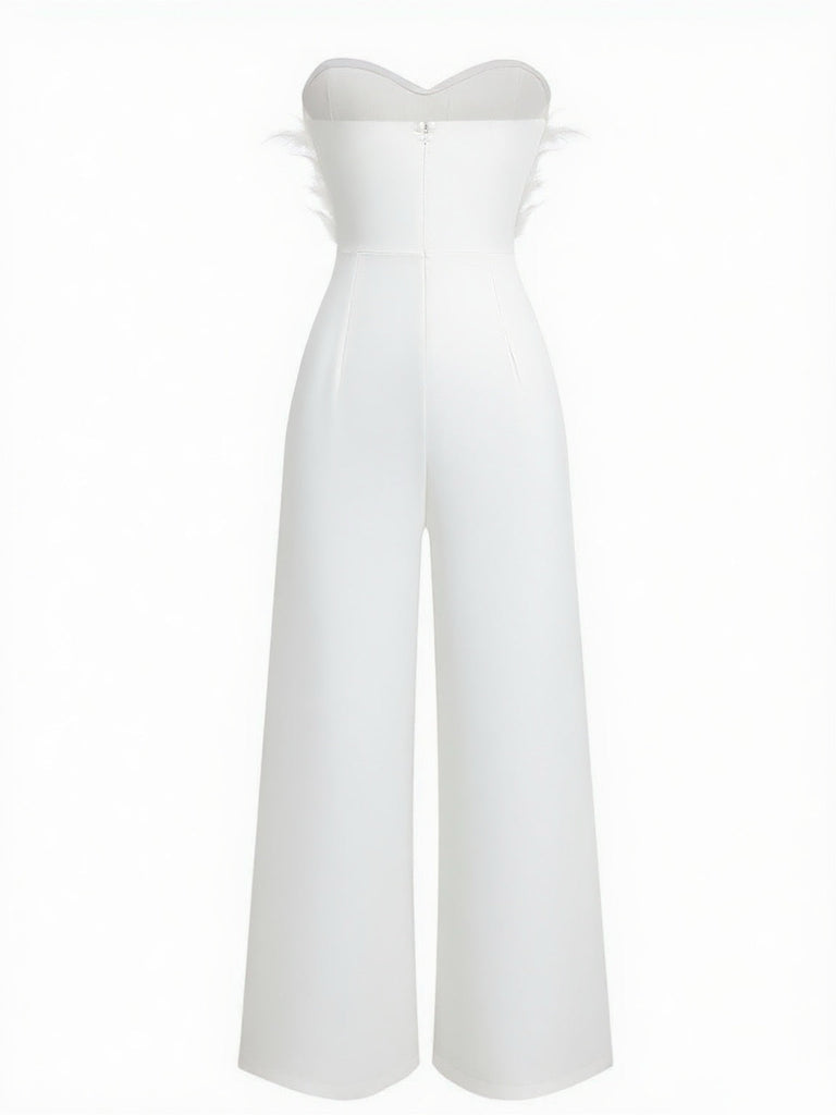 1970er Solide Trägerlos Feder Jumpsuit