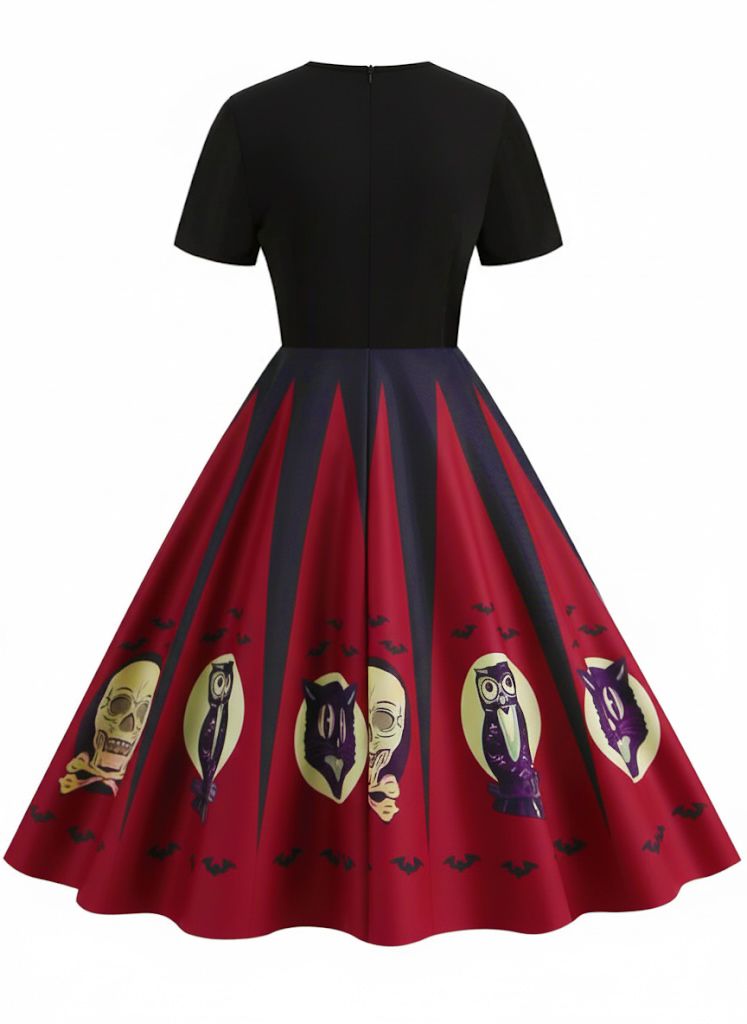 [Vorverkauf] Rot 1950er Halloween Spinnennetz Druck Patchwork Kleid