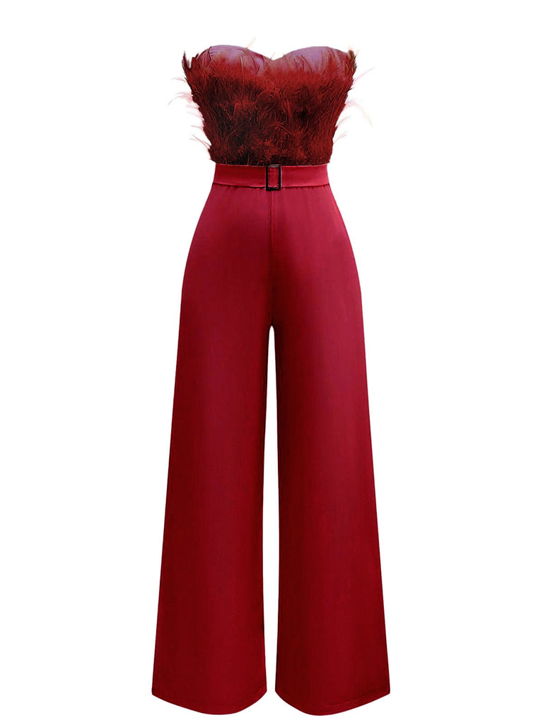 1970er Solide Trägerlos Feder Jumpsuit