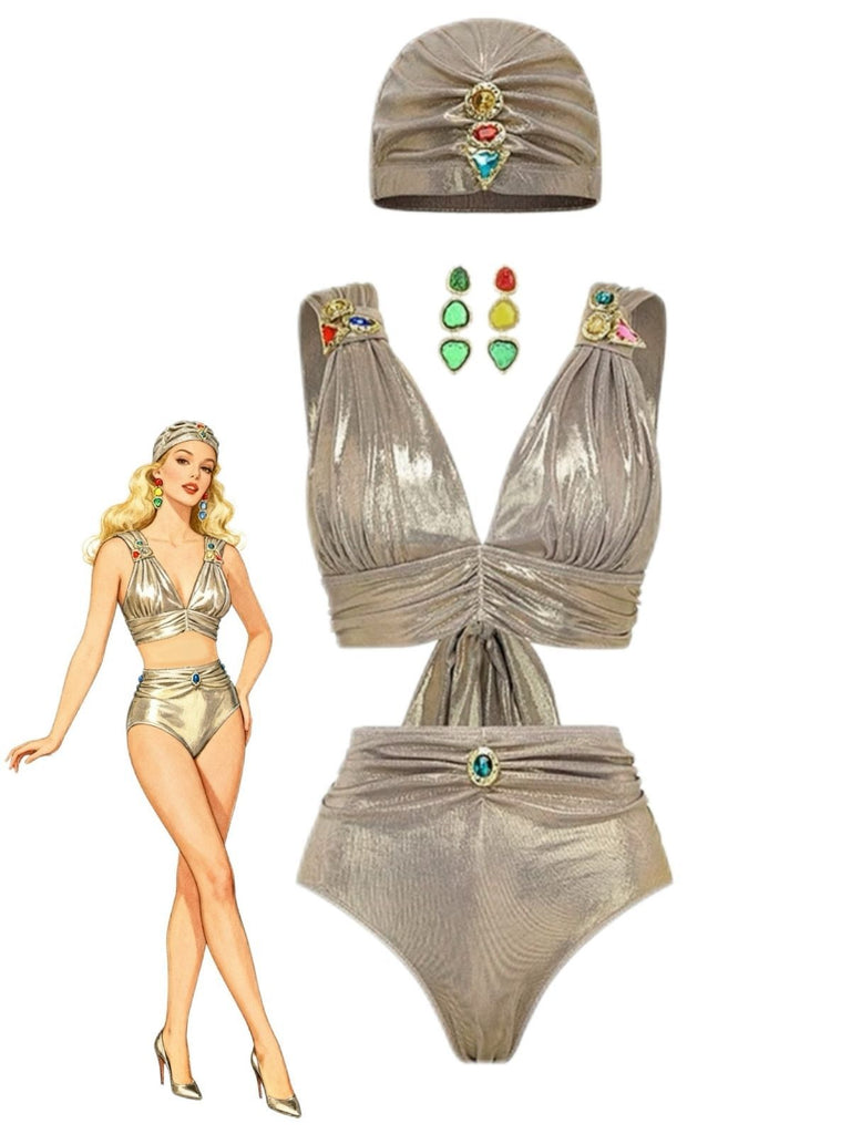 5PCS Gold 1980er Verziert Metallisch Ägyptisch-Inspiriert Bikini Set