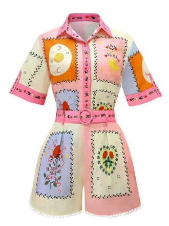 2PCS 1970er Boho Blumen Bluse & Gürtel Shorts