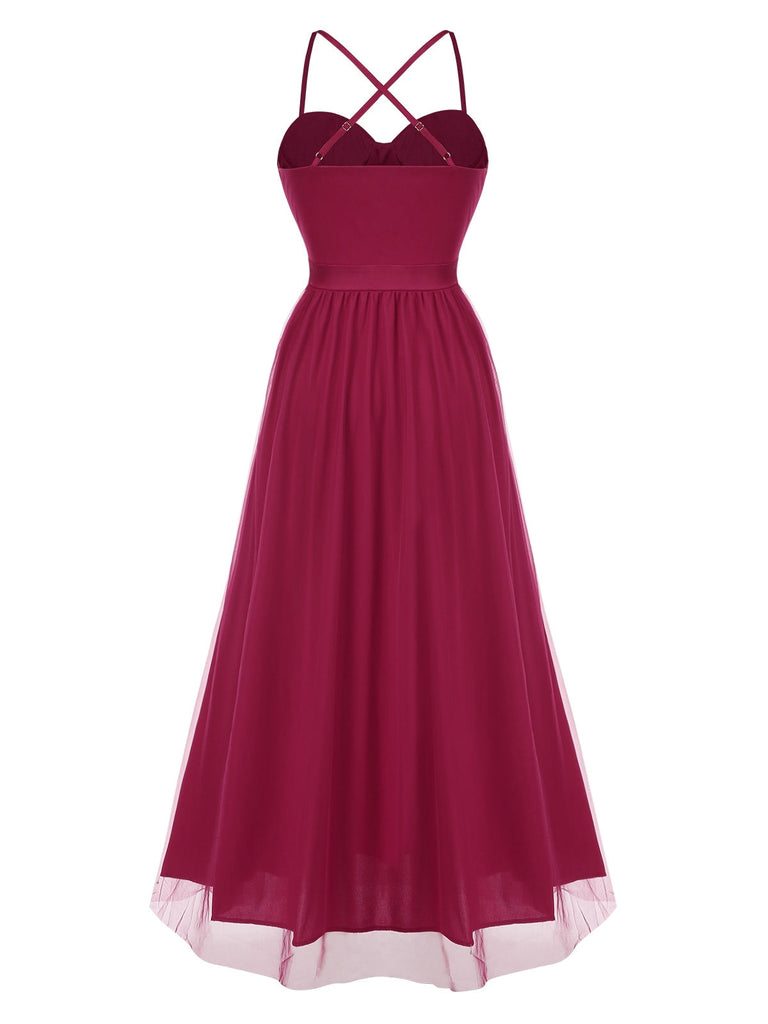 Rot 1930er Solide Netz Spaghetti Träger Abend Kleid