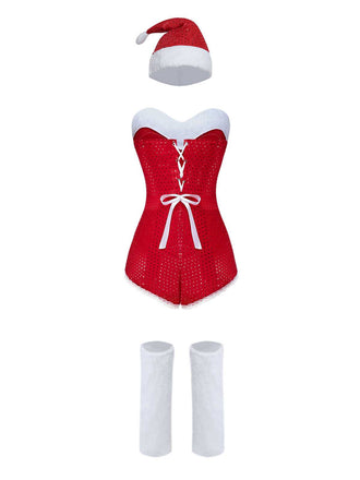 1980er Pailletten Weihnachten Trägerlos Romper Mit Hut & Stulpen