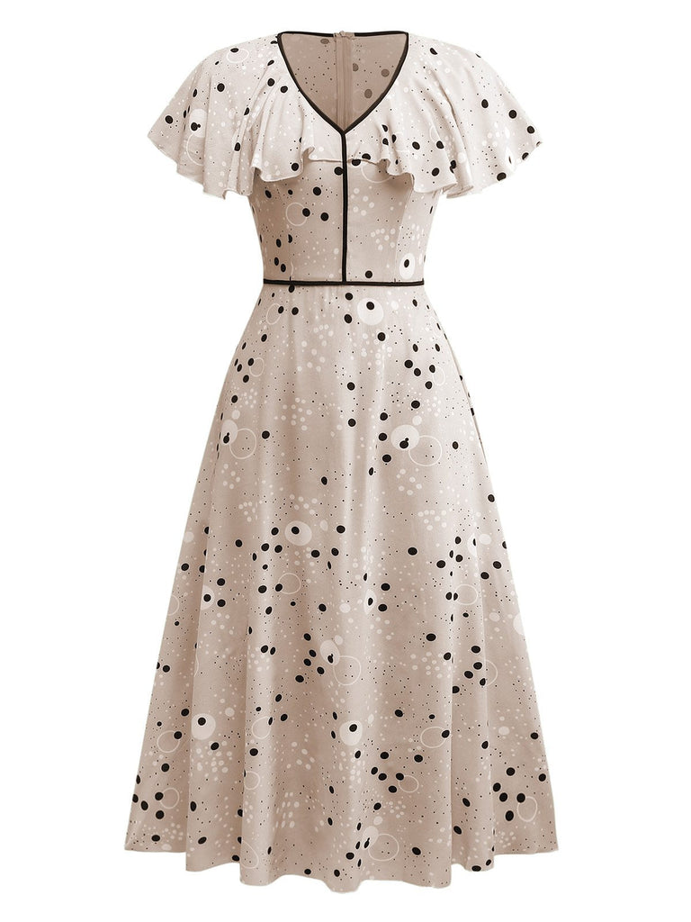 1940er Irregulär Punkte V-Ausschnitt Rüschen Kleid