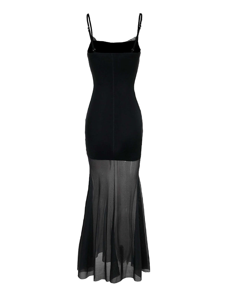 Schwarz 1970er Gothic Skeleton Netz Slip Kleid