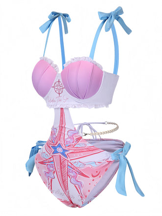 1970er Rüschen Perle Chain Hohl-Taille Badeanzug