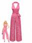 Rosa 1970er Halter Revers Satin Jumpsuit