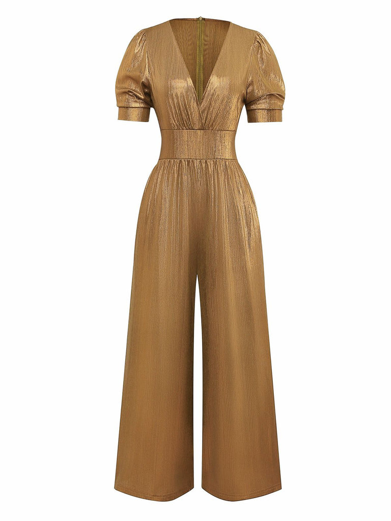 1970er Metallisch V-Ausschnitt Weites Bein Jumpsuit