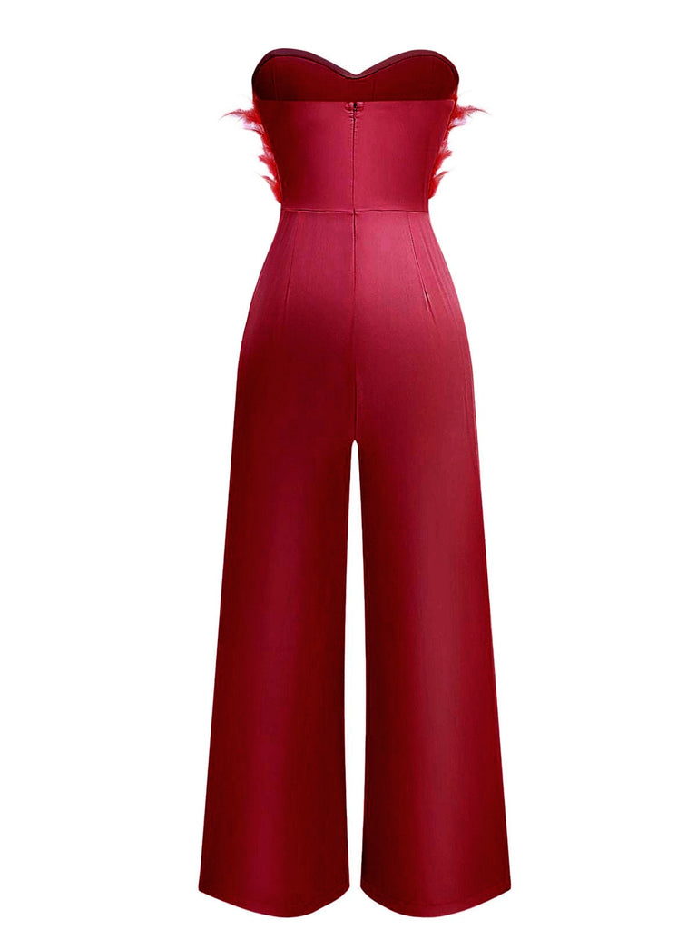 1970er Solide Trägerlos Feder Jumpsuit