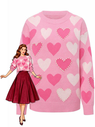 Rosa 1950er Valentinstag Herz Perle Pullover
