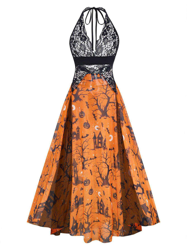 Orange 1970er Halloween Kürbis Druck Spitze Halter Nachthemd