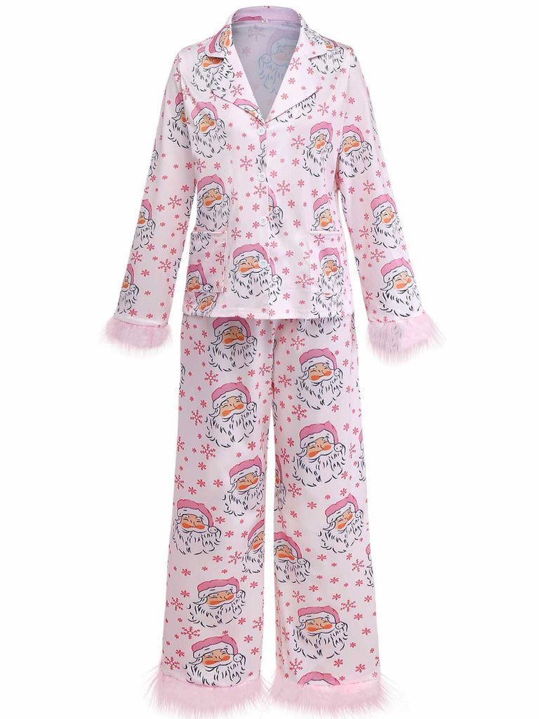Rosa 1950er Santa Muster Pelzbesatz Pyjama Set