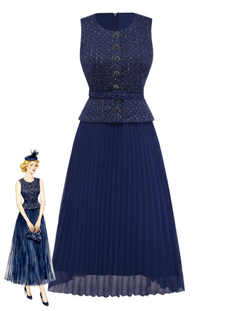 1960er Perle Taste Gürtel Ärmellos Plissiertes Kleid