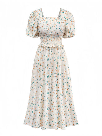 Gelb 1940er Blumen Quadratischer Hals Kleid